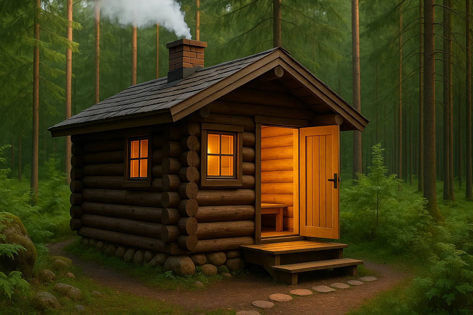 An illustrated log sauna in a pine forest with smoke rising from the chimney